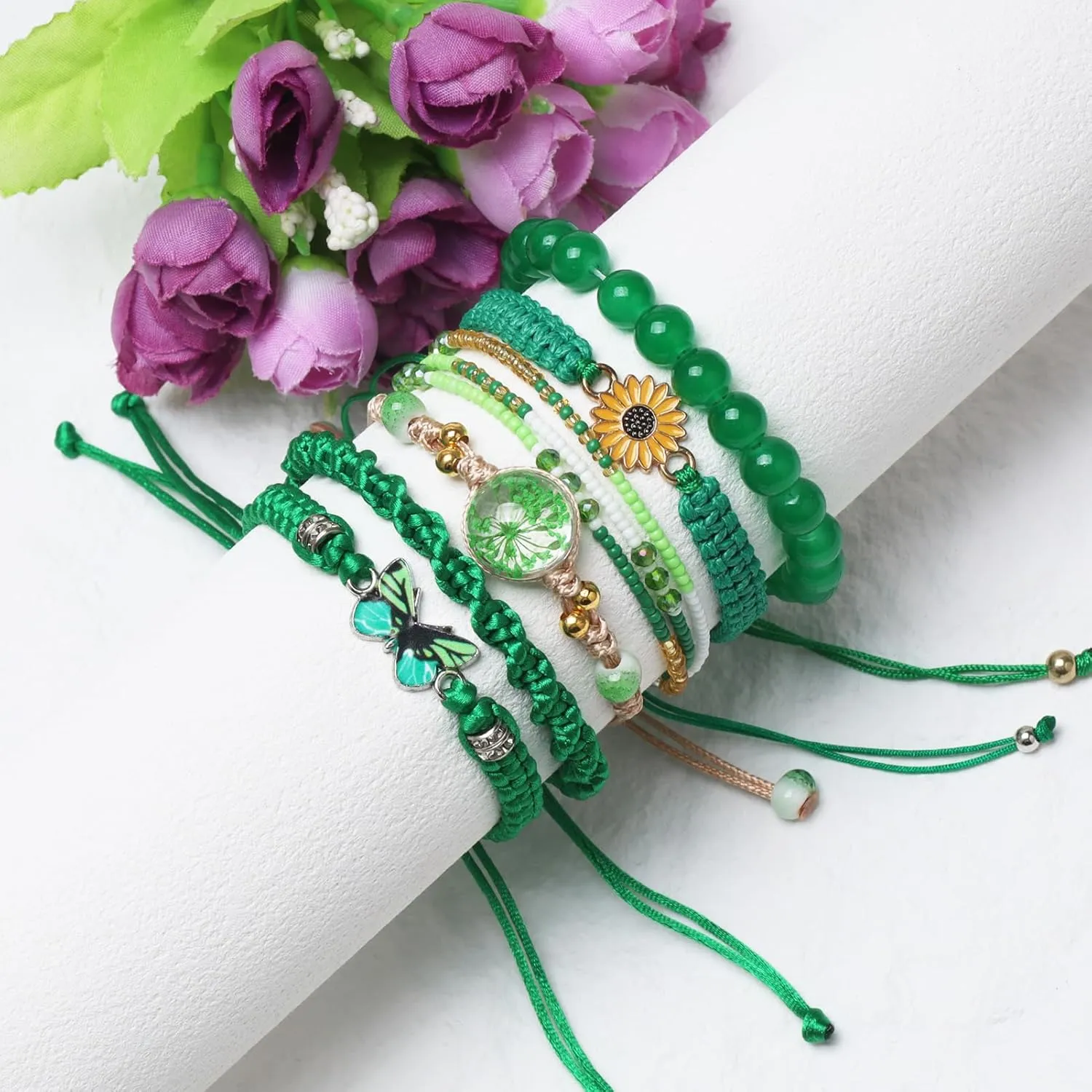DS 6PCS String beads Charm Bracelets for Teen Girls Handmade Braided Rope Butterfly daisies Eternal flower Boho Surfer Bracelet for women Adjustable friendship Stretch birthday jewelry Gift Friends