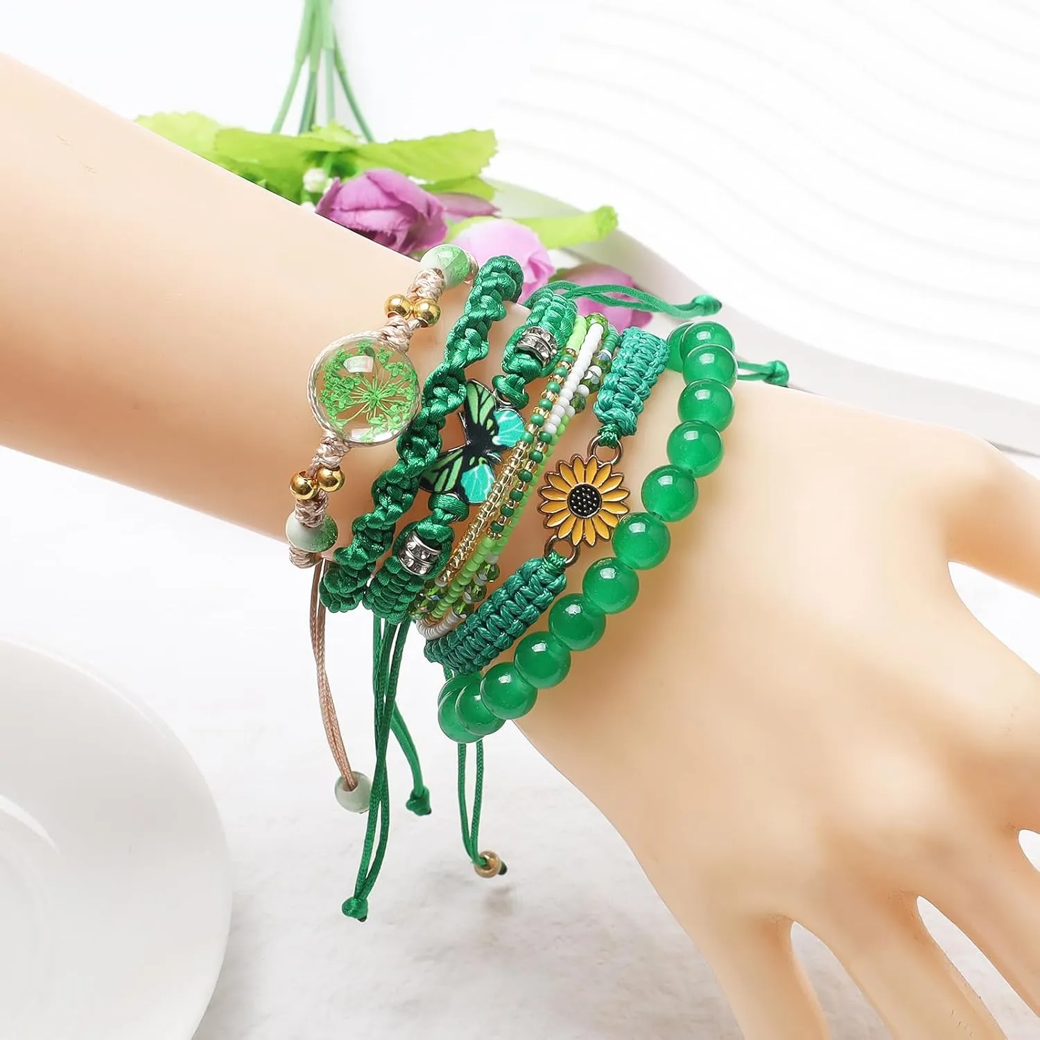 DS 6PCS String beads Charm Bracelets for Teen Girls Handmade Braided Rope Butterfly daisies Eternal flower Boho Surfer Bracelet for women Adjustable friendship Stretch birthday jewelry Gift Friends