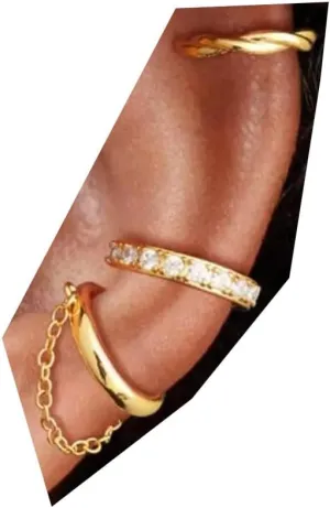 Ear Cuff Set with Chain Link, 14K Gold Plated, CZ Crystal Non-Piercing Cartilage Earrings