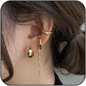 Ear Cuff Tassel Earrings for Women Cubic Zirconia Hoop Huggie Ear Cuffs for Women Non Piercing (B-Gold,4 PCS)