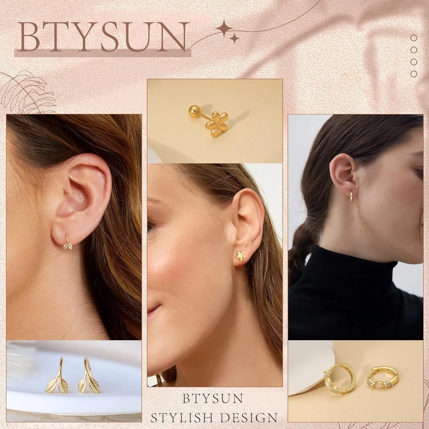 Earrings for Women, Gold Stud Earrings Hoop Diamond Floral Flower Opal Earring Studs for Women Trendy Huggie Cartilage Earring Christmas Birthday Gifts for Her Daughter Helix Piercing Jewelry