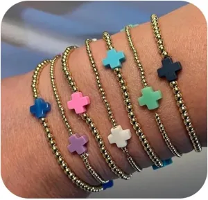ecozran Gold Beaded Bracelets for Women Trendy Non Tarnish Gold Bracelet Stack Jewelry Sets, Paperclip and Cross Design Bracelets, Ideal as Birthday Gifts