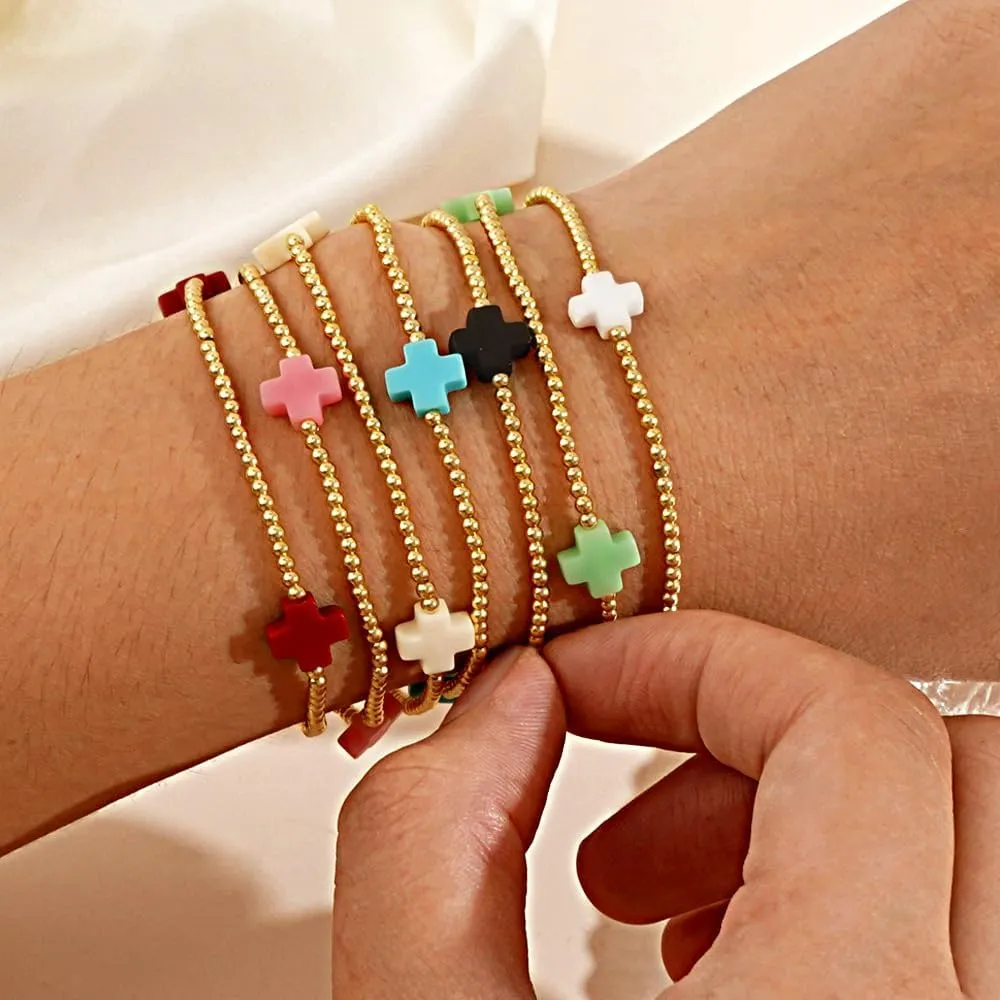 ecozran Gold Beaded Bracelets for Women Trendy Non Tarnish Gold Bracelet Stack Jewelry Sets, Paperclip and Cross Design Bracelets, Ideal as Birthday Gifts