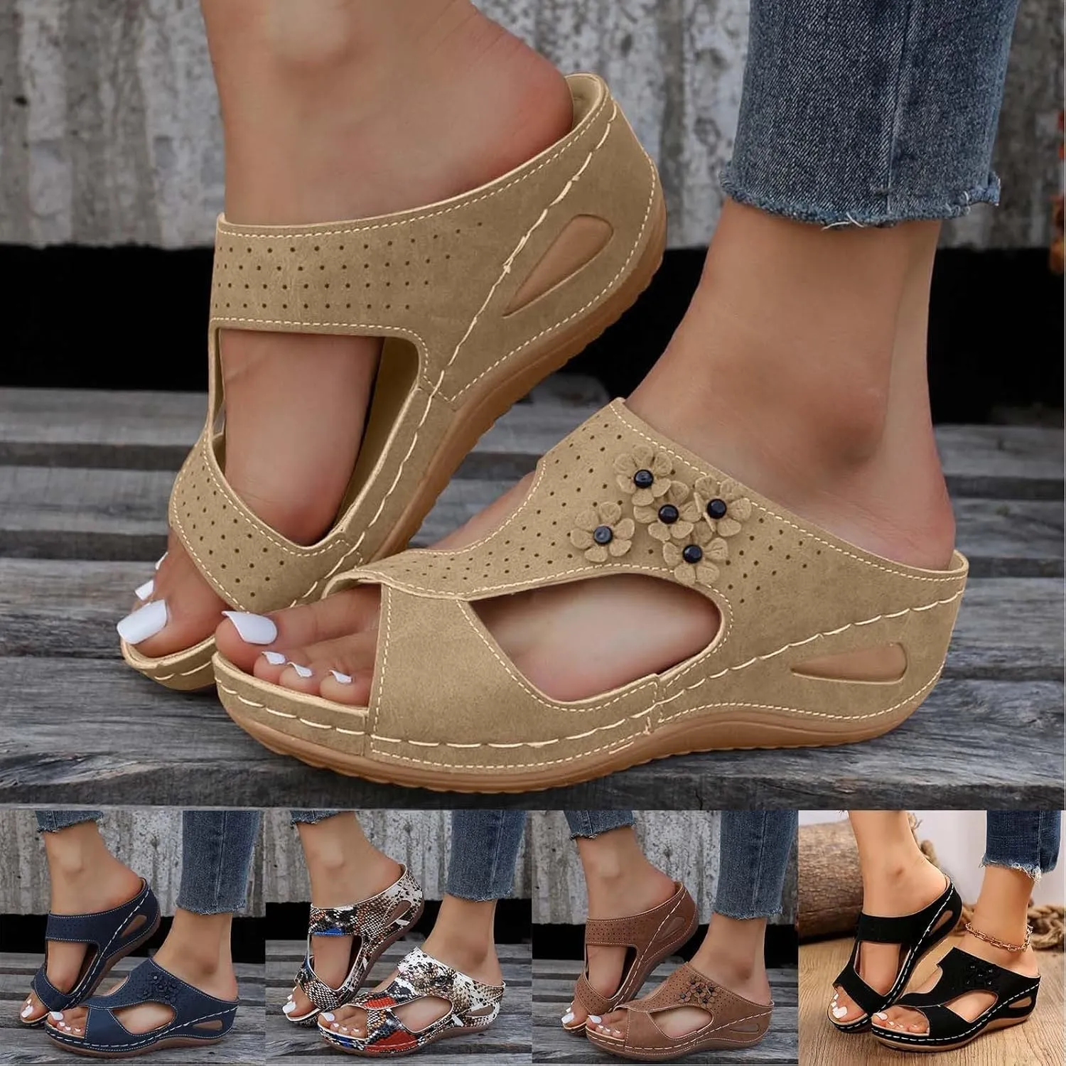 Eduavar Sandals for Women 2025 Slide Shoes Slip On Dressy Summer Open Toe Slippers Walking with Arch Support Beach Sandals