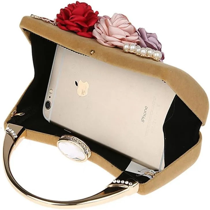 ELEOPTION Women's Flower Evening Bag Clutch Purse Handbag Metal Frame Large Clutch Bag Wedding Hand Bag Carved Handle