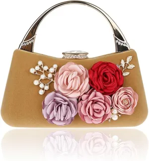 ELEOPTION Women's Flower Evening Bag Clutch Purse Handbag Metal Frame Large Clutch Bag Wedding Hand Bag Carved Handle