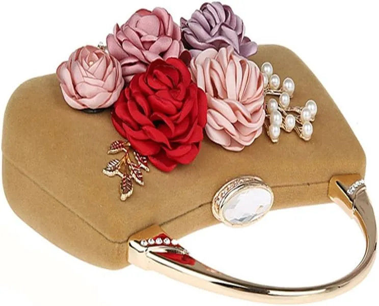 ELEOPTION Women's Flower Evening Bag Clutch Purse Handbag Metal Frame Large Clutch Bag Wedding Hand Bag Carved Handle