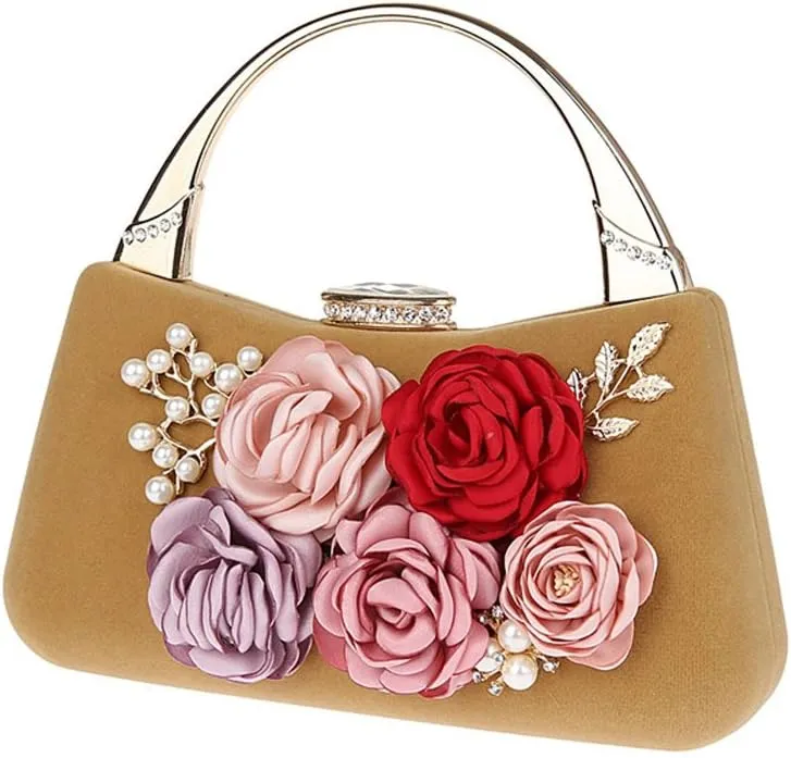 ELEOPTION Women's Flower Evening Bag Clutch Purse Handbag Metal Frame Large Clutch Bag Wedding Hand Bag Carved Handle