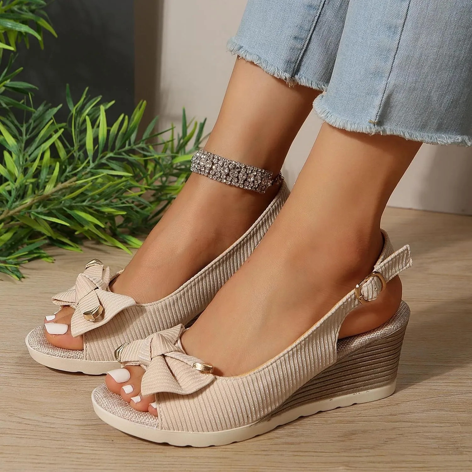 Espadrilles Wedge Sandals for Women 2025,Women's Open Toe Platform Wedges Heels Summer Dressy Shoes Comfortable Ankle Strap Low Heel Bow Sandals