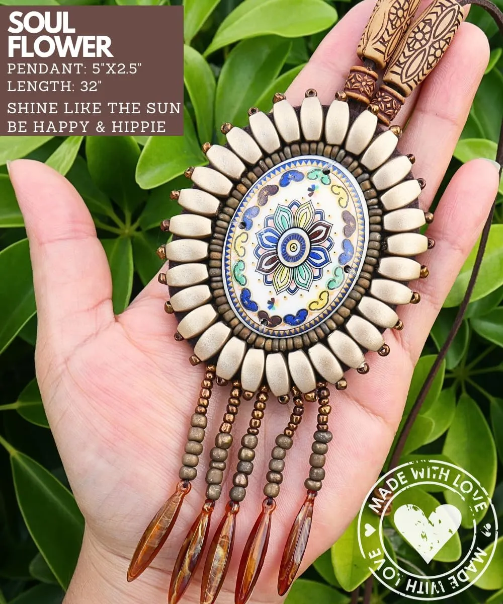 Ethnic Flower Boho Beaded Necklaces for Women Long Pendant Hawaiian Necklaces Bohemian Necklaces African Tribal Native Necklaces Trendy Fashion Jewelry