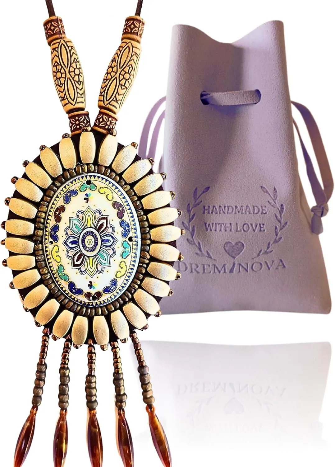 Ethnic Flower Boho Beaded Necklaces for Women Long Pendant Hawaiian Necklaces Bohemian Necklaces African Tribal Native Necklaces Trendy Fashion Jewelry