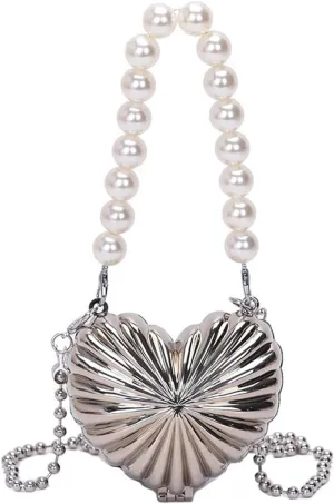 Evening Clutch Purse Pearl Purse Clutch Bag Heart Shape Metal Handbag Silver Mini Crossbody Bag With Removable Shoulder Strap