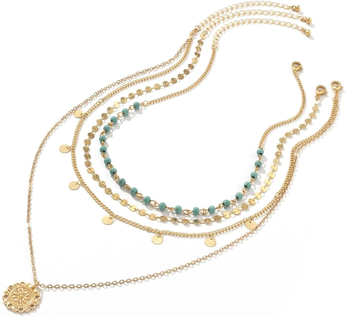 EVKILKJS Layered Necklaces for Women,Multilayered Turquoise Bead Chain Necklace,Boho Layered Stacked Pendant Necklace,Gold Layered Necklaces Jewelry Gift for Women
