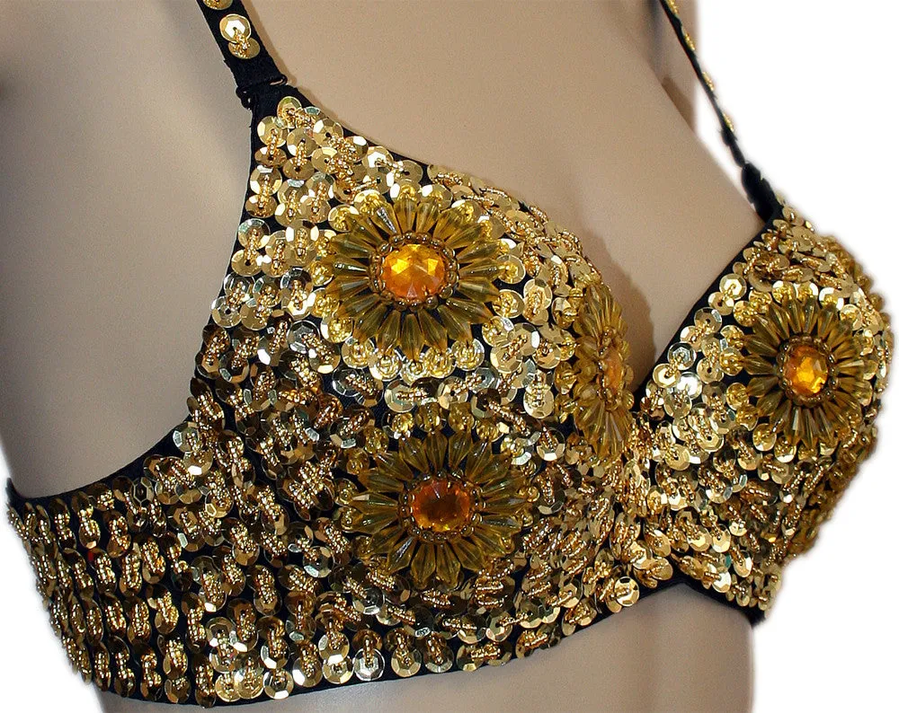 Exotic Floral Embellished Sequin Belly Dance Bra Top