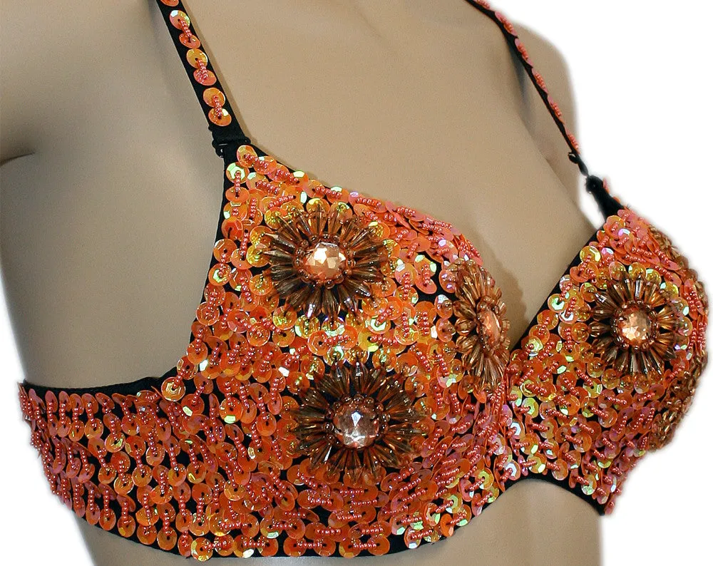 Exotic Floral Embellished Sequin Belly Dance Bra Top