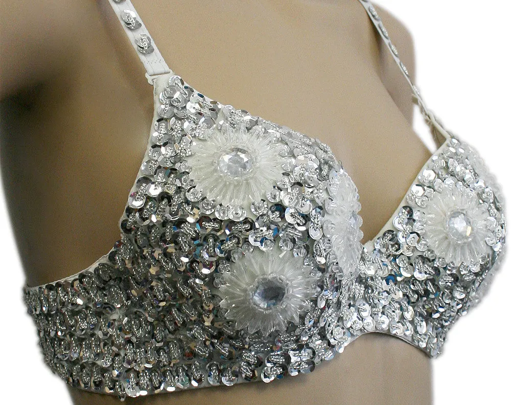 Exotic Floral Embellished Sequin Belly Dance Bra Top
