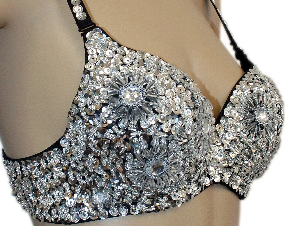 Exotic Floral Embellished Sequin Belly Dance Bra Top