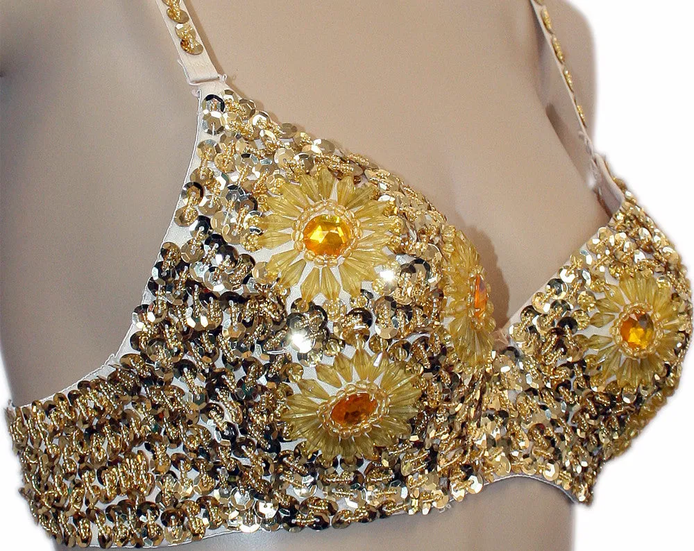 Exotic Floral Embellished Sequin Belly Dance Bra Top