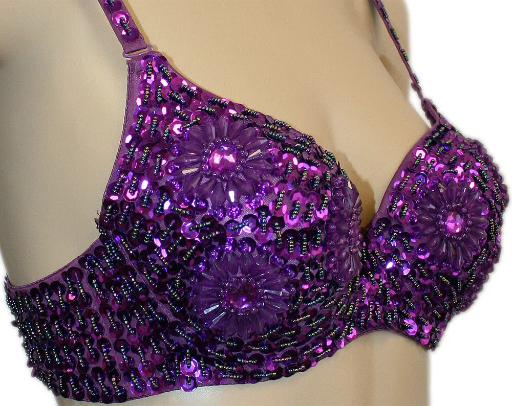 Exotic Floral Embellished Sequin Belly Dance Bra Top
