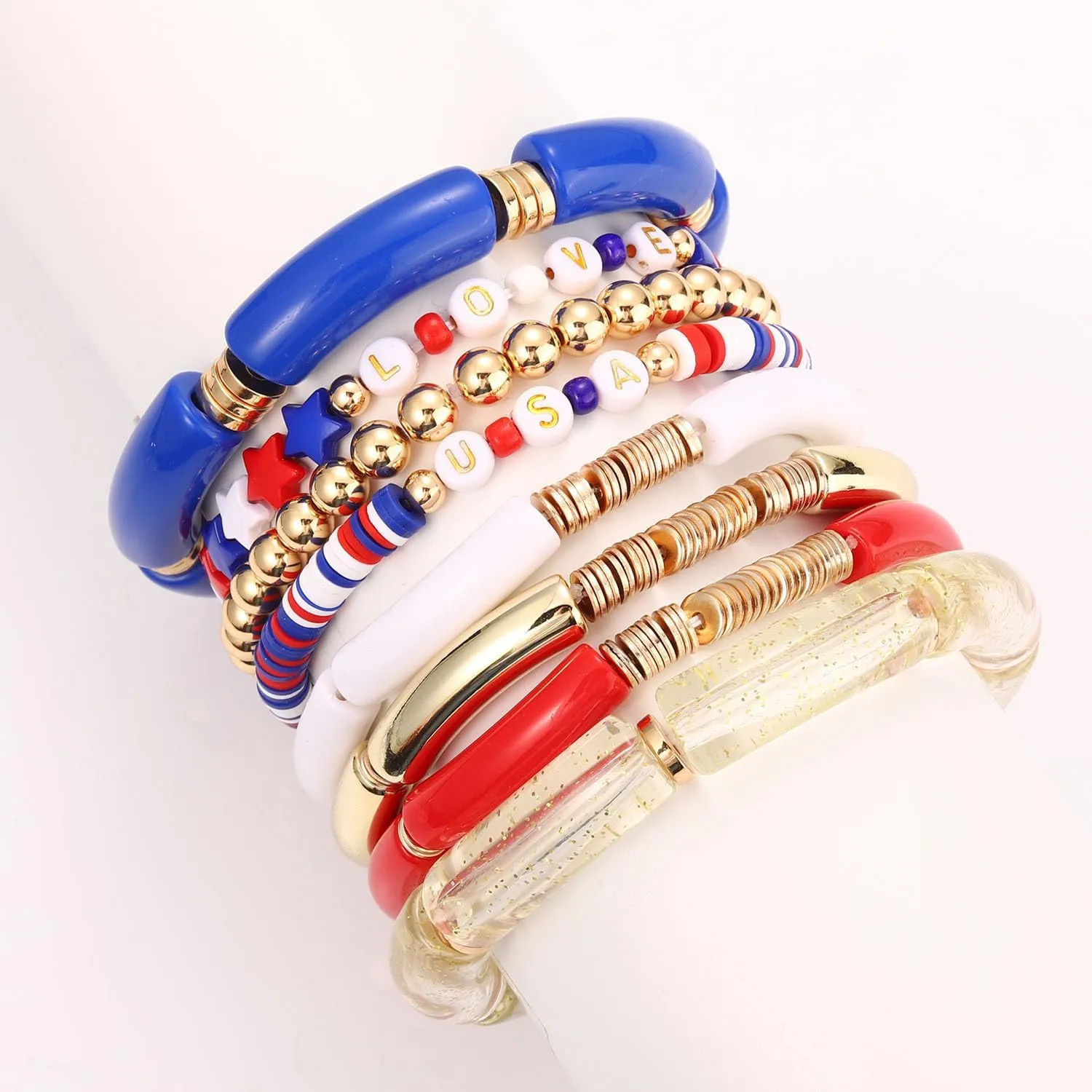FAERLIIRY 4th of July Bracelets Red White Blue Bracelets American Flag USA Clay Beaded Bracelet Heishi Stretch Stackable Bracelets Patriotic Friendship Bracelet Surfer Preppy Summer Beach Jewelry