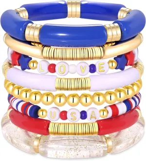 FAERLIIRY 4th of July Bracelets Red White Blue Bracelets American Flag USA Clay Beaded Bracelet Heishi Stretch Stackable Bracelets Patriotic Friendship Bracelet Surfer Preppy Summer Beach Jewelry