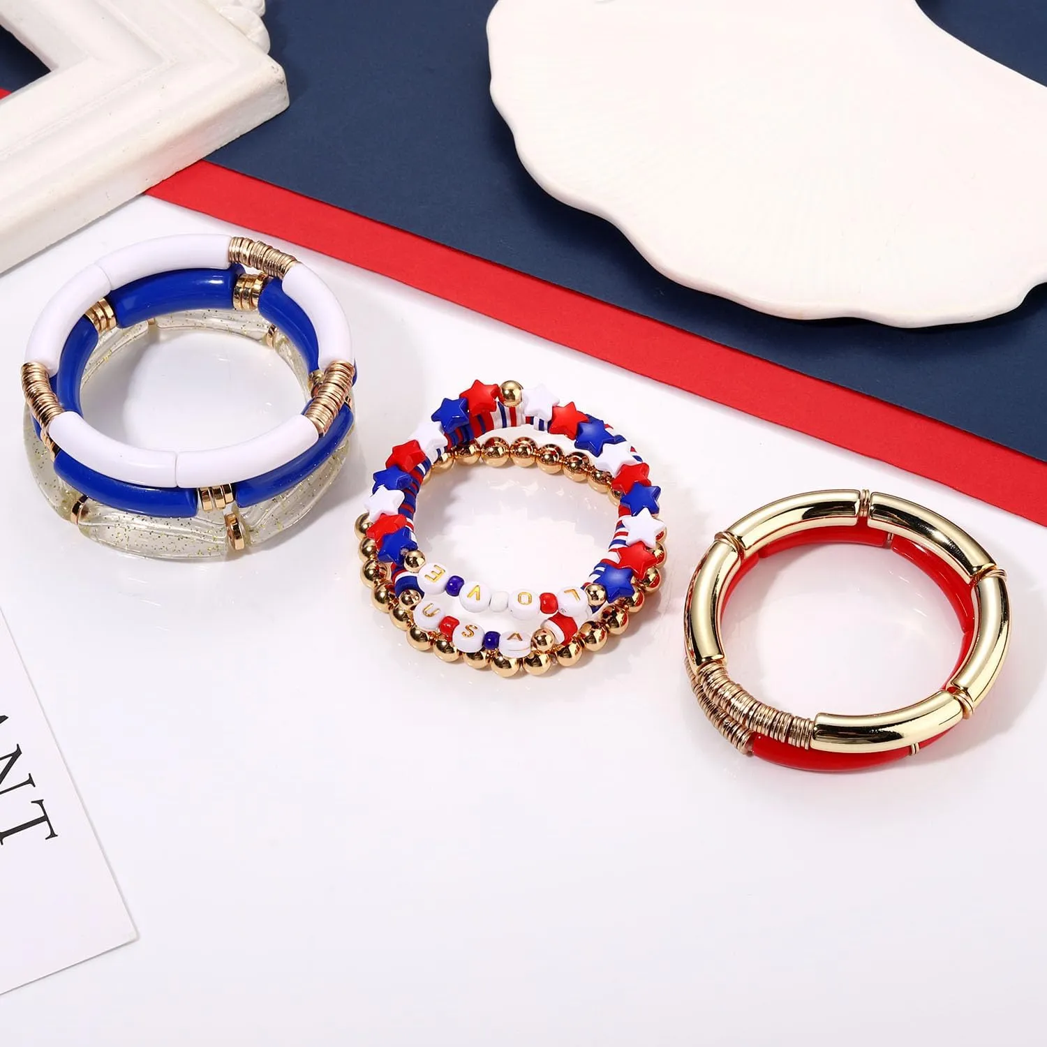 FAERLIIRY 4th of July Bracelets Red White Blue Bracelets American Flag USA Clay Beaded Bracelet Heishi Stretch Stackable Bracelets Patriotic Friendship Bracelet Surfer Preppy Summer Beach Jewelry