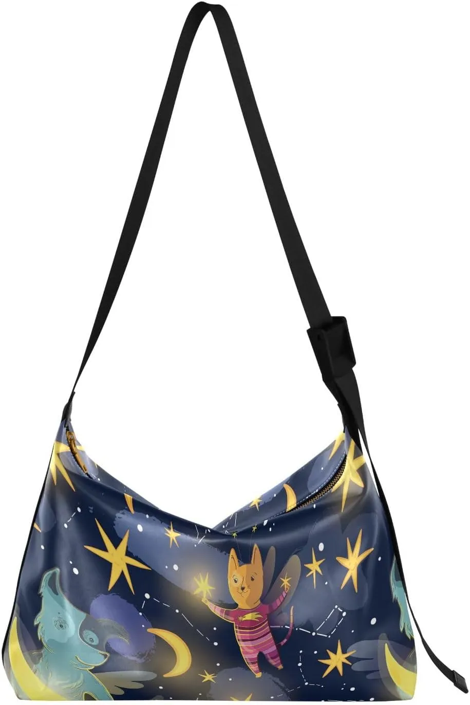 Fairy Dog Cat Hobo Crossbody Bags for Women Leather Large Shoulder Bag Cross Body Moon Stars Trendy Womens Tote Bags Handbag for Travel Shopping