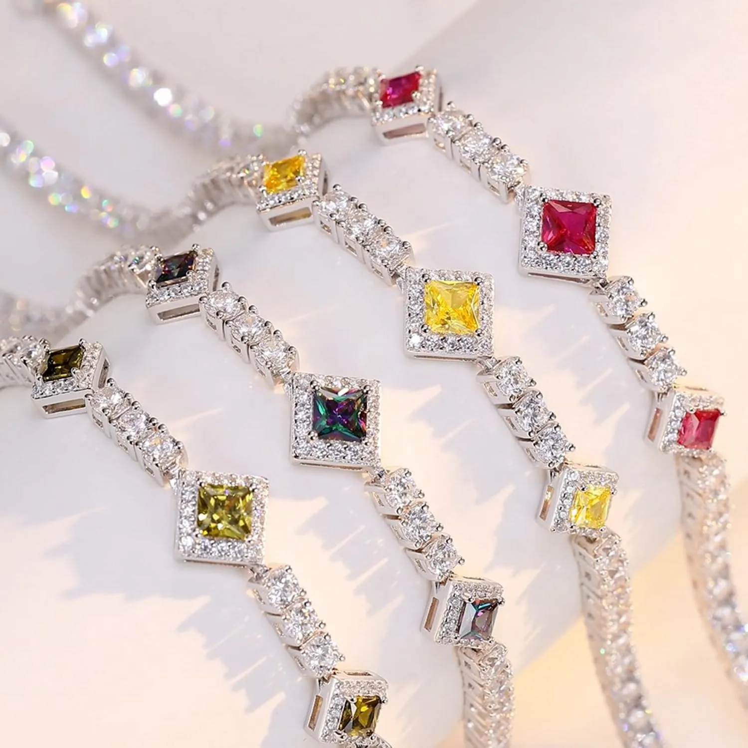 FANCIME Birthstone Bracelets 4mm Sterling Silver Tennis Bracelets Square Gemstone Bracelets Birthday Fine Jewelry Gifts for Women 7.2"