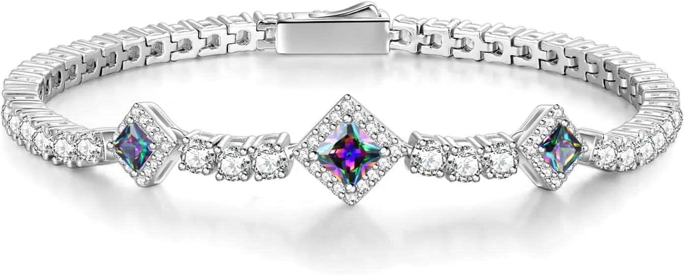 FANCIME Birthstone Bracelets 4mm Sterling Silver Tennis Bracelets Square Gemstone Bracelets Birthday Fine Jewelry Gifts for Women 7.2"