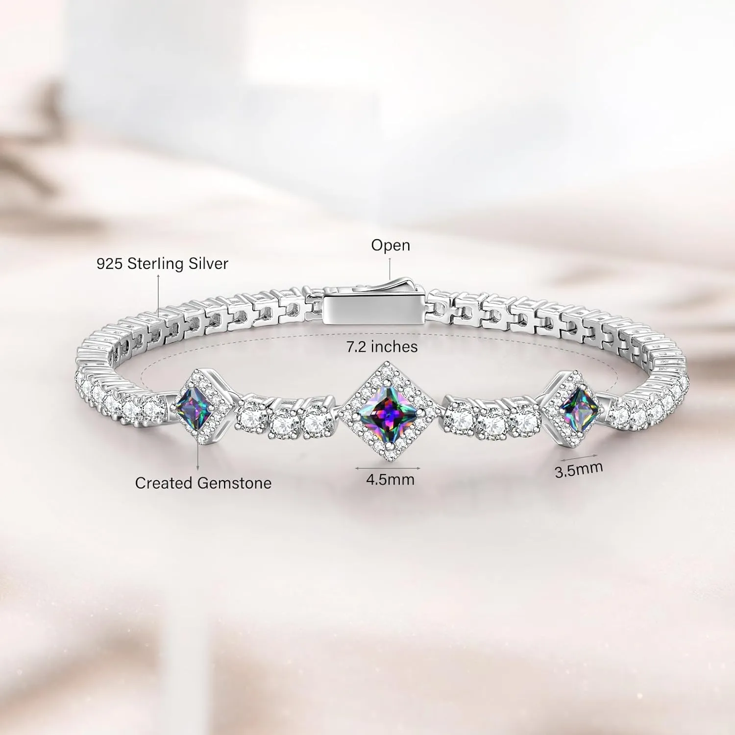 FANCIME Birthstone Bracelets 4mm Sterling Silver Tennis Bracelets Square Gemstone Bracelets Birthday Fine Jewelry Gifts for Women 7.2"