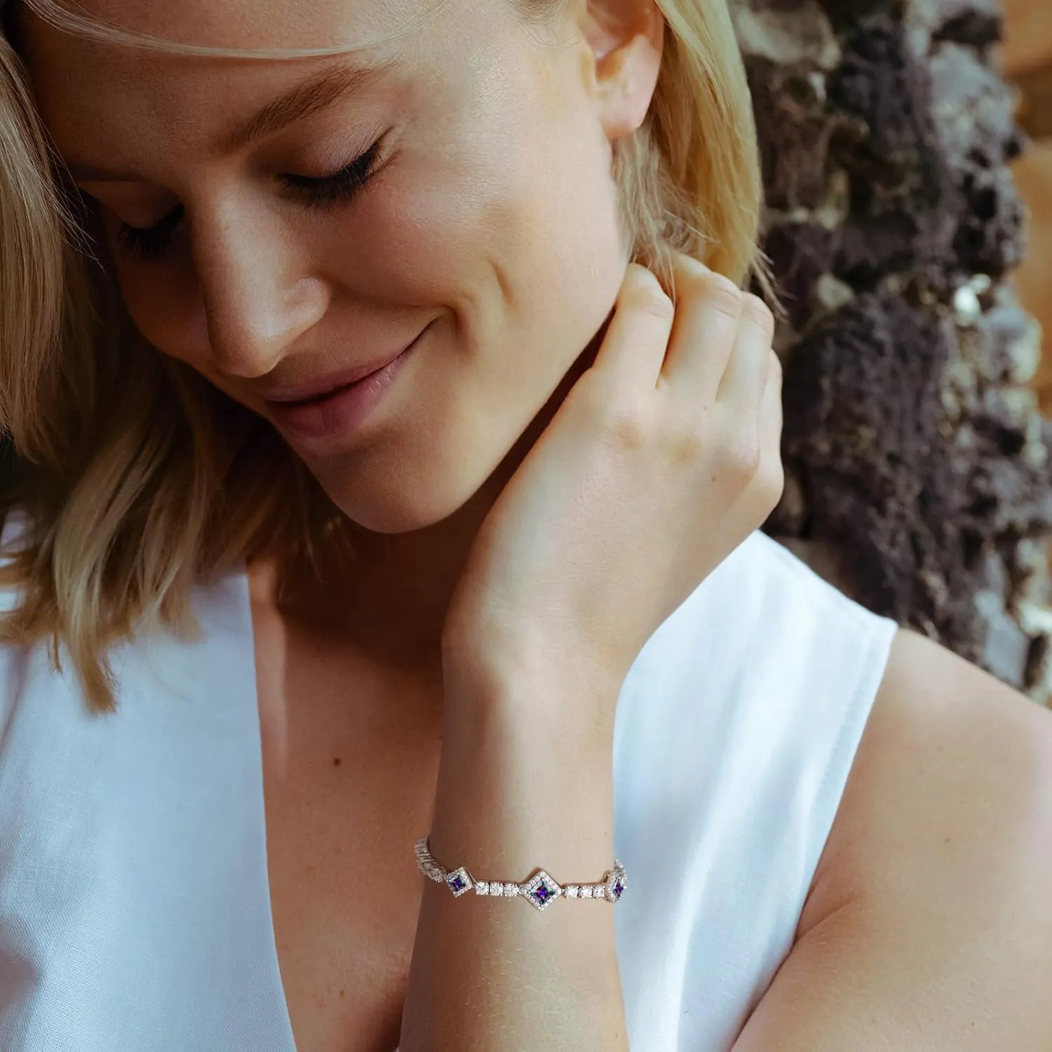 FANCIME Birthstone Bracelets 4mm Sterling Silver Tennis Bracelets Square Gemstone Bracelets Birthday Fine Jewelry Gifts for Women 7.2"