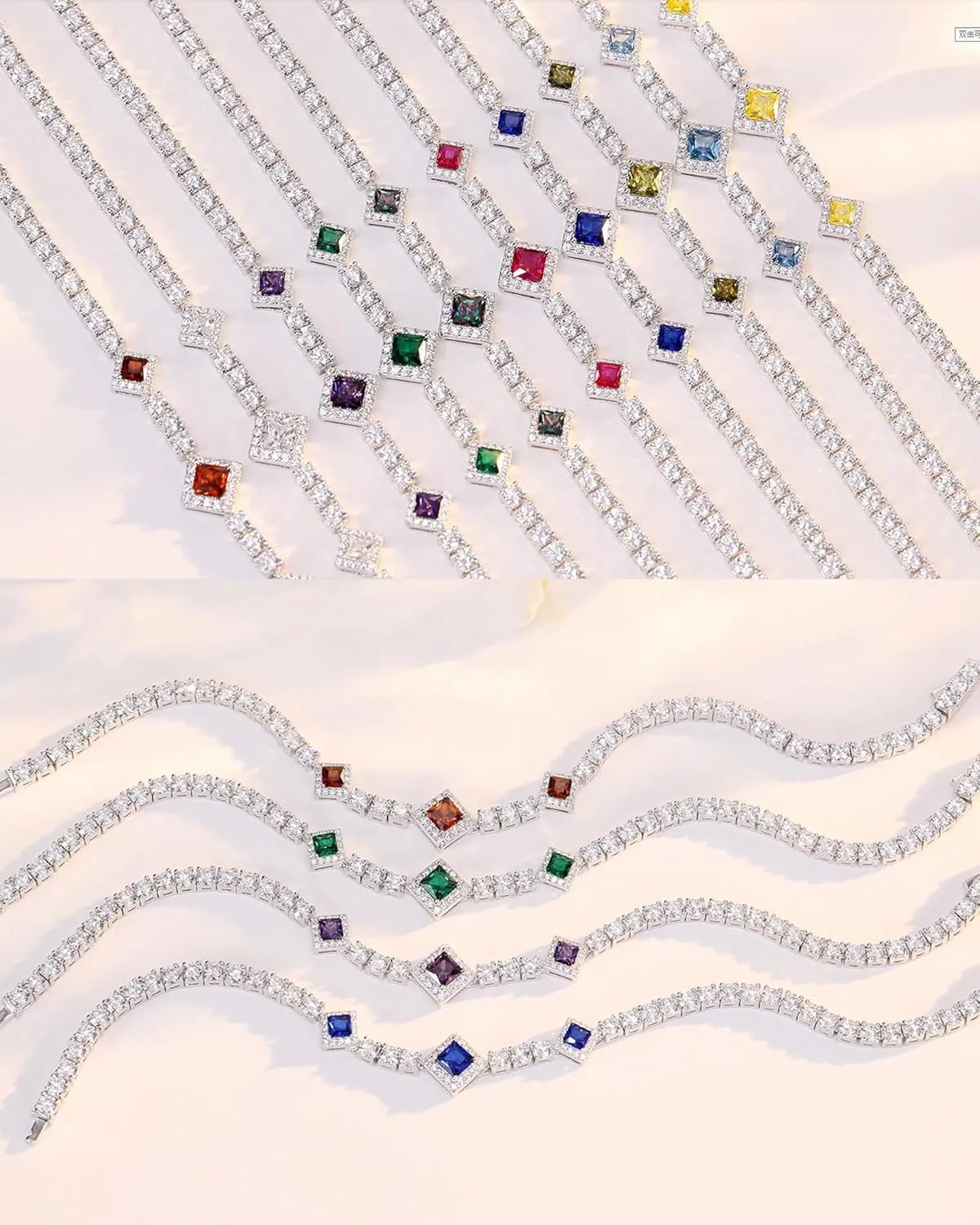 FANCIME Birthstone Bracelets 4mm Sterling Silver Tennis Bracelets Square Gemstone Bracelets Birthday Fine Jewelry Gifts for Women 7.2"