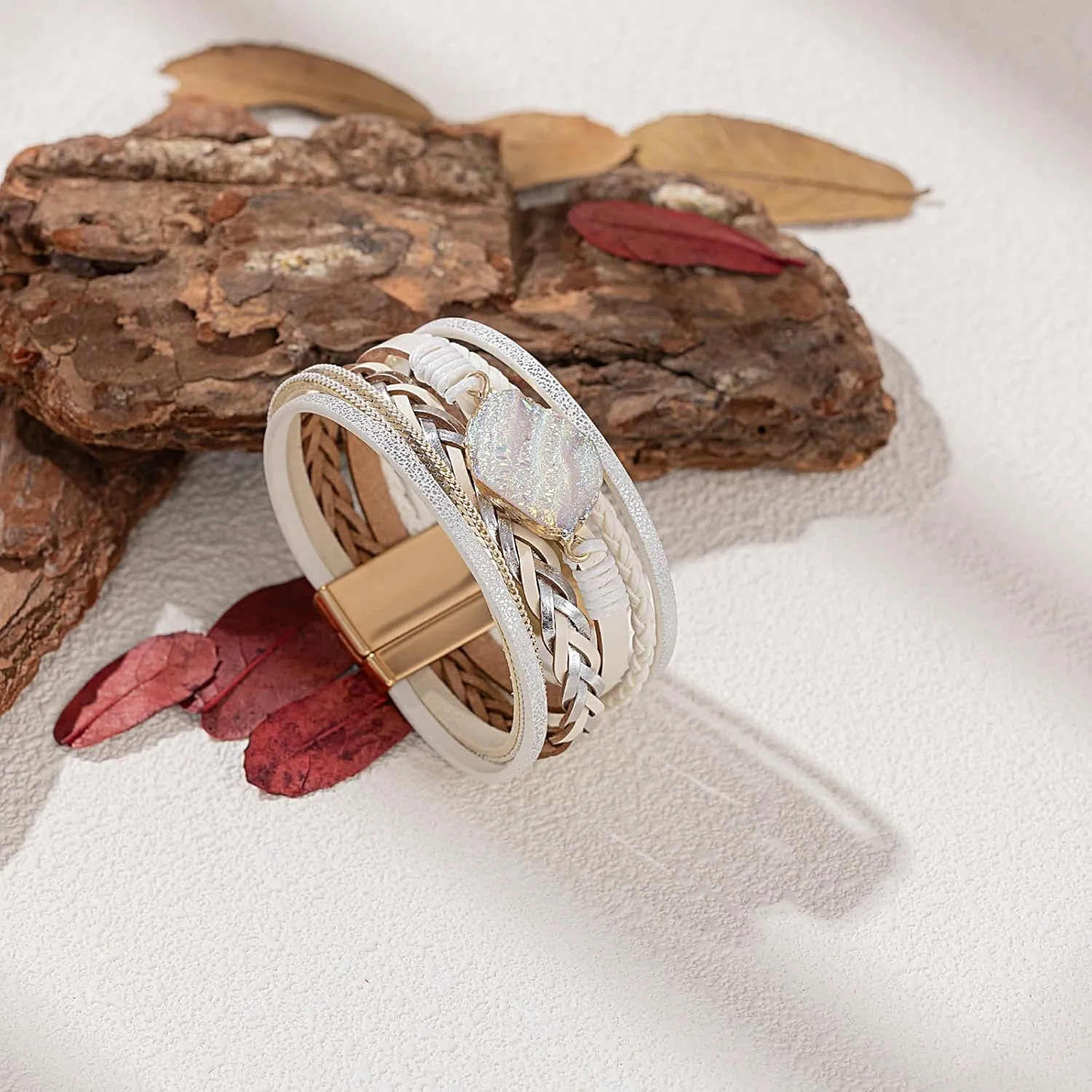 FANCY SHINY Braided Leather Bangle Bracelets Boho Resin Stone Wrap Bracelets Stackable Cuff Bracelets with Magnetic Clasp for Women