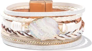 FANCY SHINY Braided Leather Bangle Bracelets Boho Resin Stone Wrap Bracelets Stackable Cuff Bracelets with Magnetic Clasp for Women