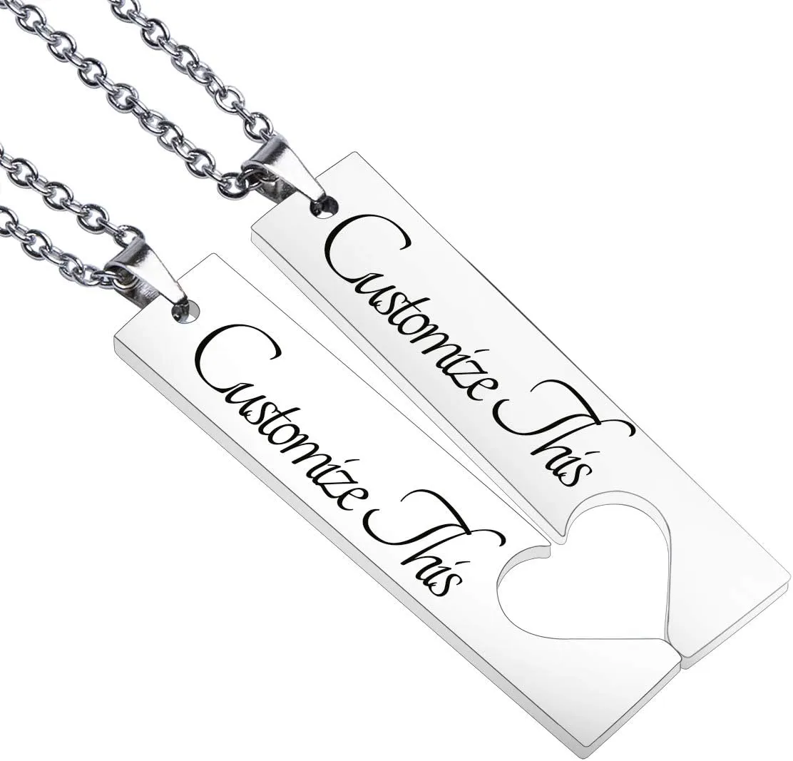 Fanery Sue 2PC Personalized Name Necklace Custom Engraved Matching Heart Puzzles Pendant Anniversary for Couples Best Friends