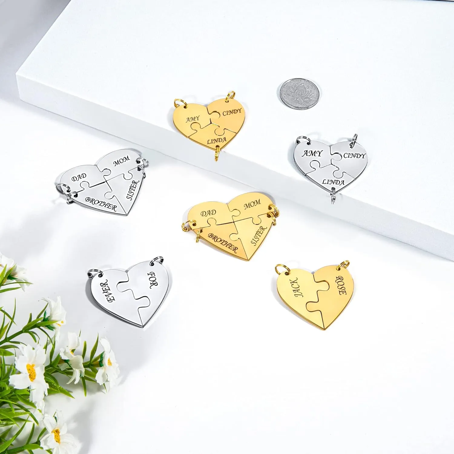 Fanery Sue Personalized Puzzle Pieces Heart Shape Necklace/Kaychain for Love Best Friends Family Custom Name/Date Matching Pendant Set with Gift Box