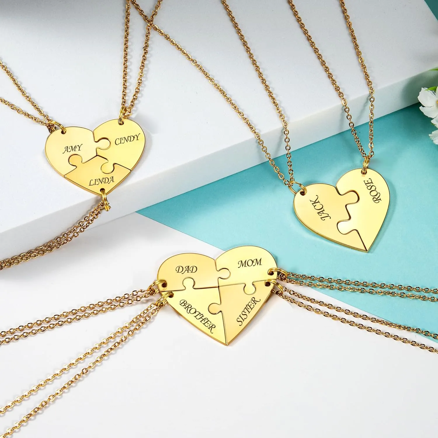 Fanery Sue Personalized Puzzle Pieces Heart Shape Necklace/Kaychain for Love Best Friends Family Custom Name/Date Matching Pendant Set with Gift Box