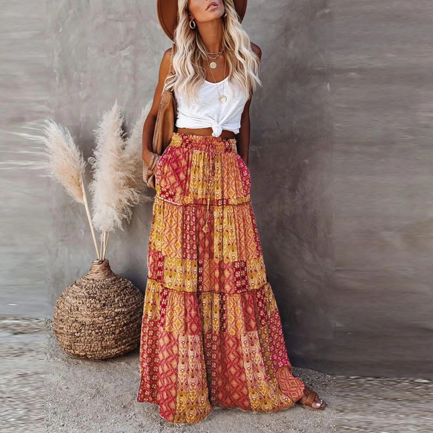 fanmpghleoo Maxi Skirt with Pocket for Women 2025 Boho Tiered Flowy Long Skirt Summer Casual Drawstring High Waisted Skirts