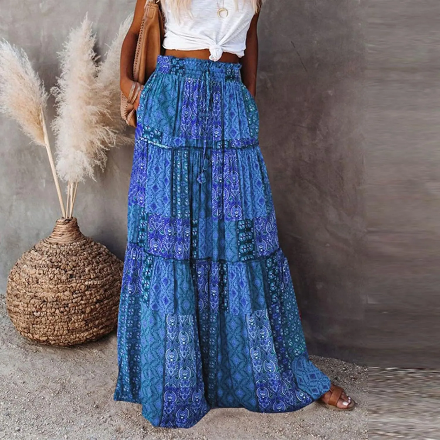 fanmpghleoo Maxi Skirt with Pocket for Women 2025 Boho Tiered Flowy Long Skirt Summer Casual Drawstring High Waisted Skirts