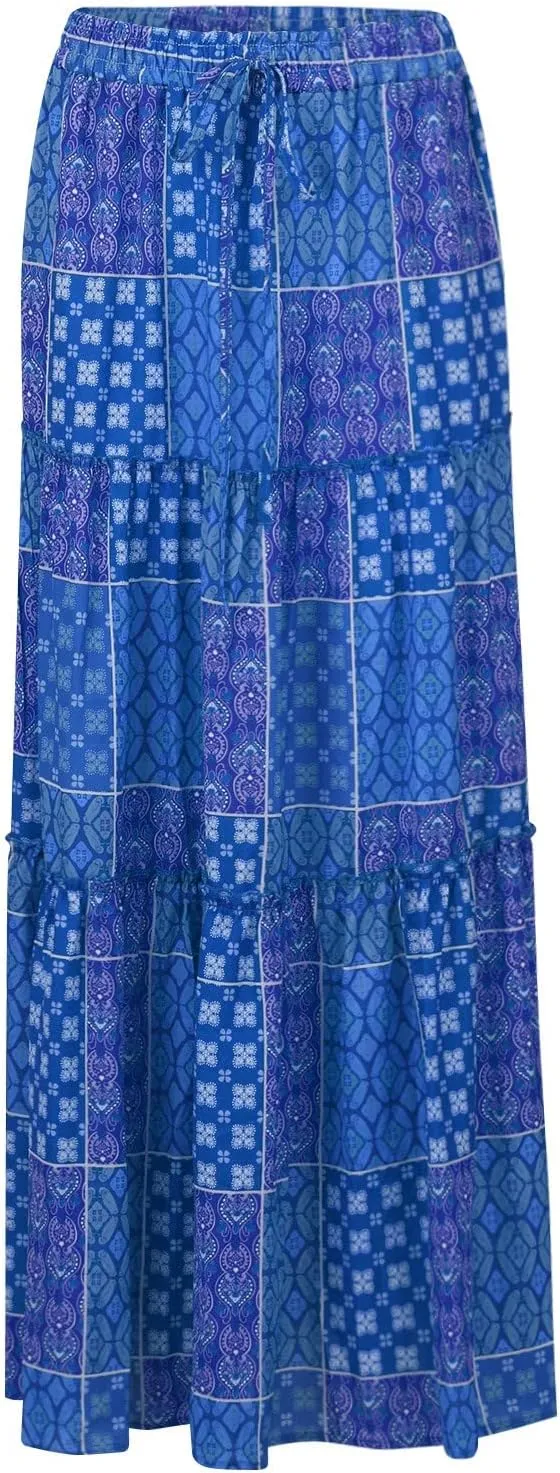 fanmpghleoo Maxi Skirt with Pocket for Women 2025 Boho Tiered Flowy Long Skirt Summer Casual Drawstring High Waisted Skirts