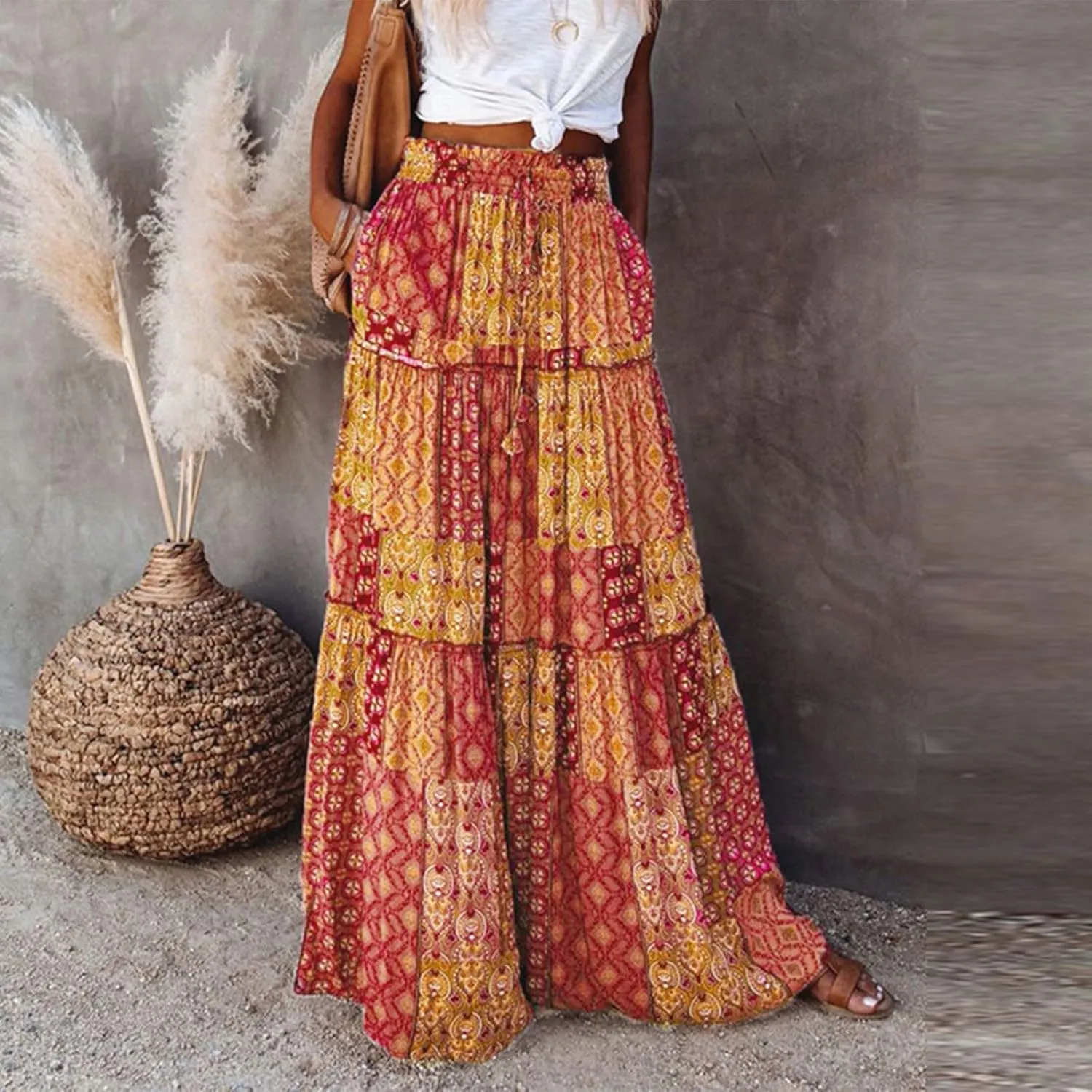 fanmpghleoo Maxi Skirt with Pocket for Women 2025 Boho Tiered Flowy Long Skirt Summer Casual Drawstring High Waisted Skirts