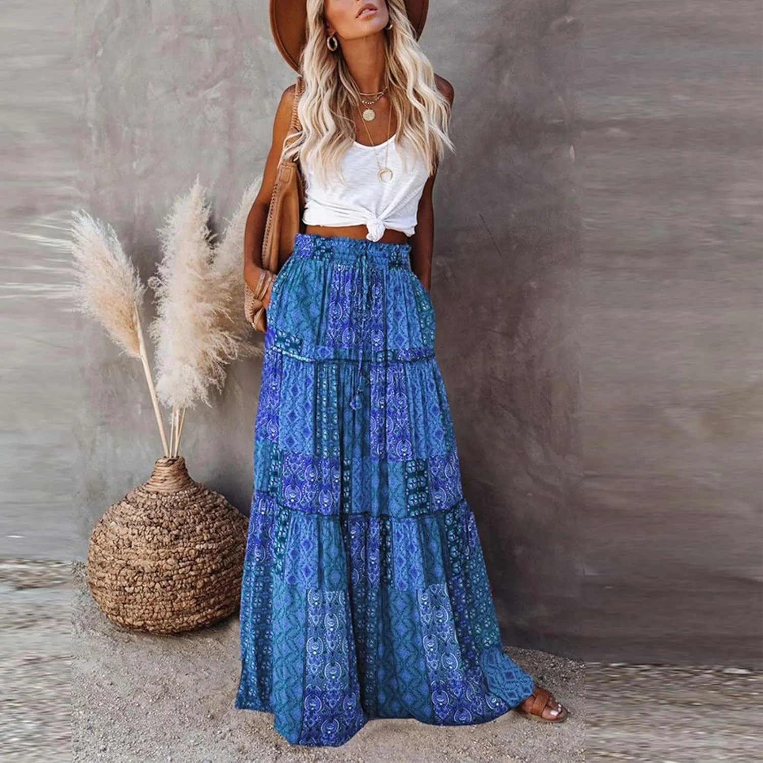 fanmpghleoo Maxi Skirt with Pocket for Women 2025 Boho Tiered Flowy Long Skirt Summer Casual Drawstring High Waisted Skirts