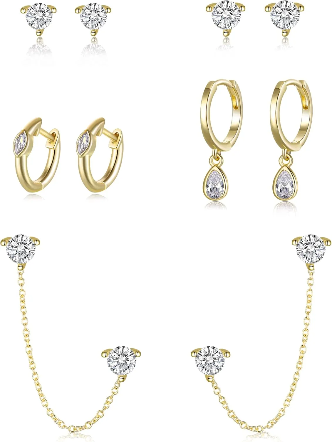 FANZE 5PCS Cubic Zirconia Stud Earrings Gold Sliver Chain Hoop Earring Sets for Women Hypoallergenic Dainty Jewelry for Multiple Piercing