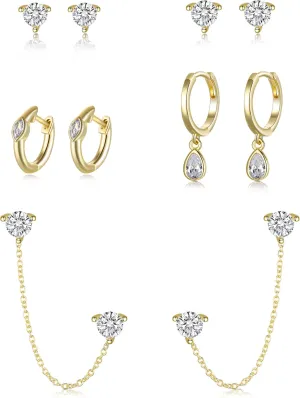 FANZE 5PCS Cubic Zirconia Stud Earrings Gold Sliver Chain Hoop Earring Sets for Women Hypoallergenic Dainty Jewelry for Multiple Piercing