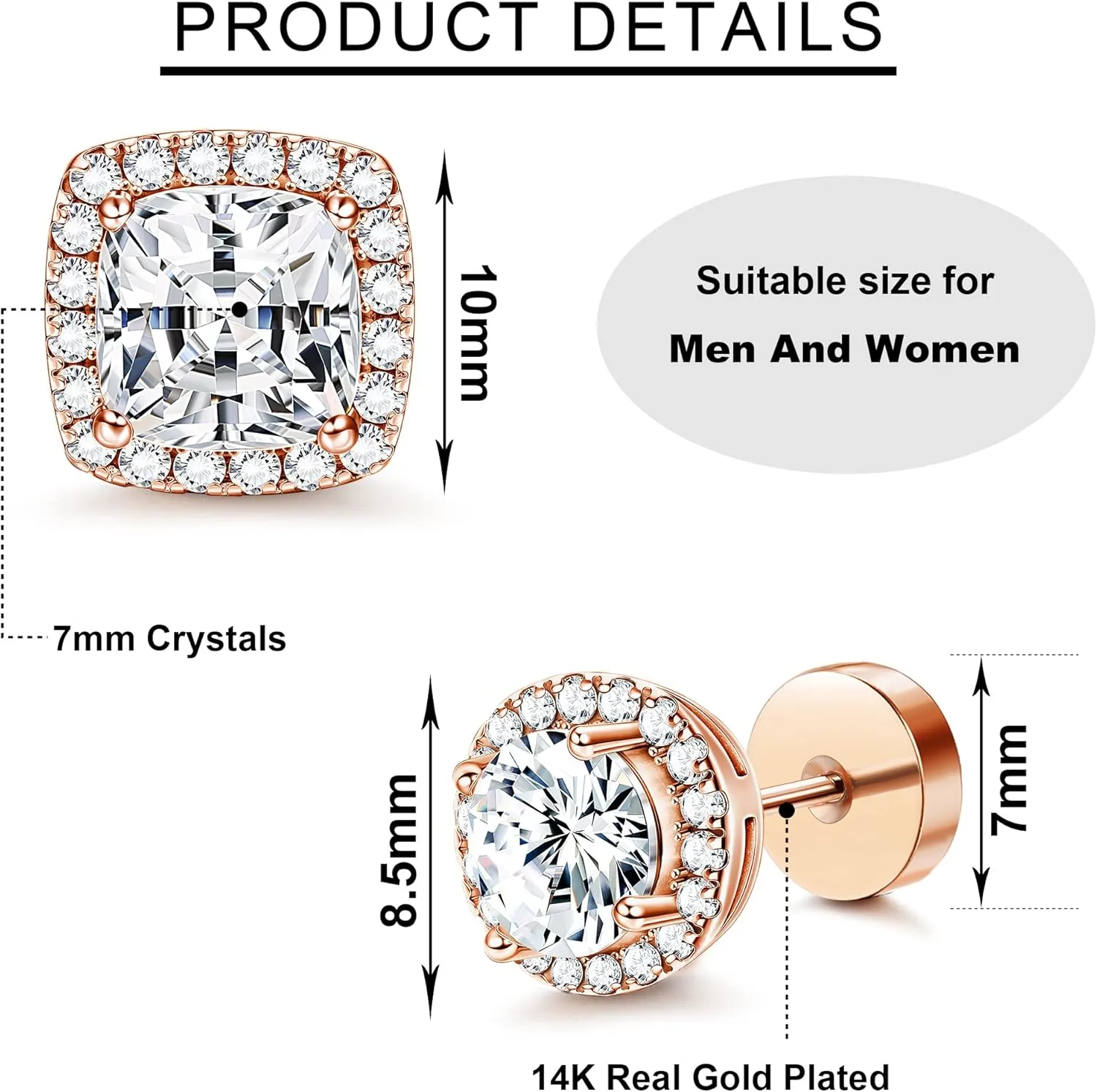 FASACCO 14K Flat Back Round Square Stud Earrings for Men Women Large Big Cubic Zirconia Stud Earrings Mens Earrings Flatback Earrings