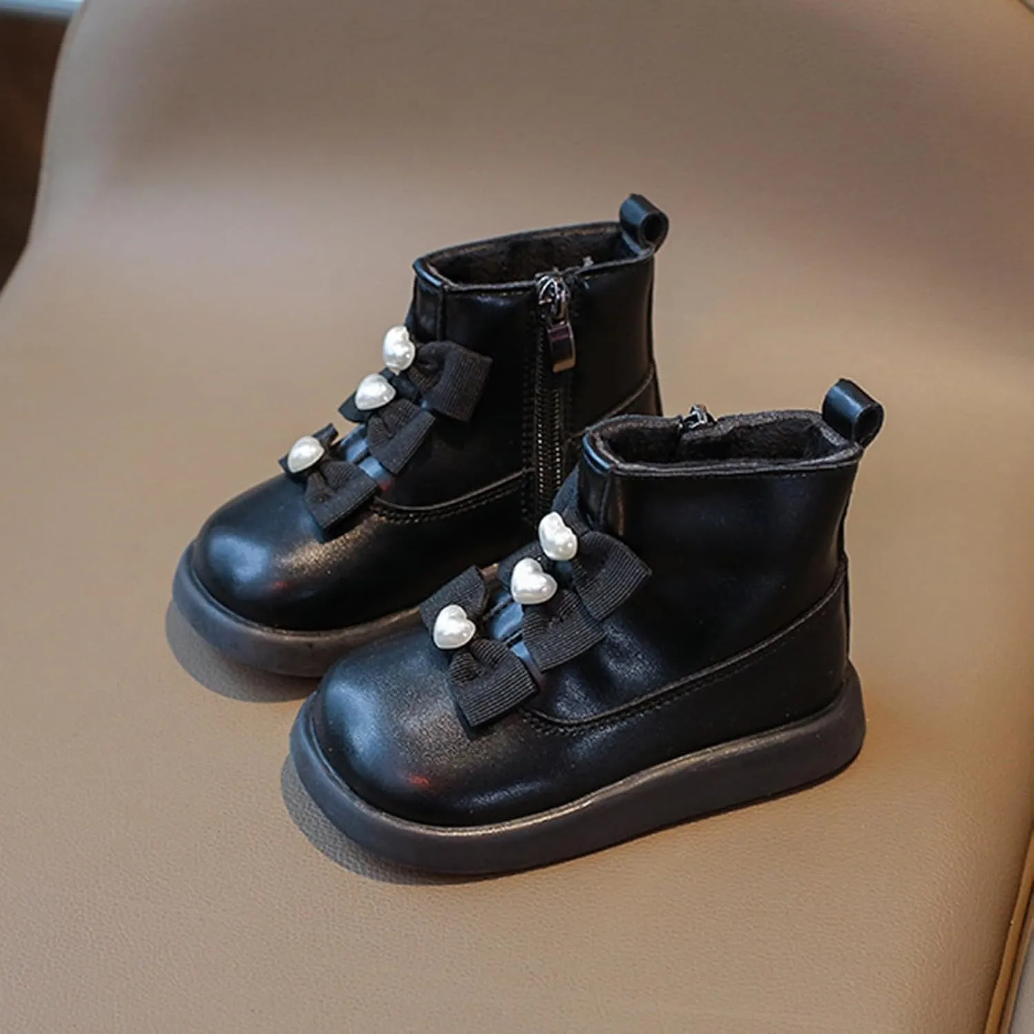 Fashion Bowtie Ankle Boots for Toddler Girls PU Leather Water Proof School Shoes Chestnut Boots for Toddler