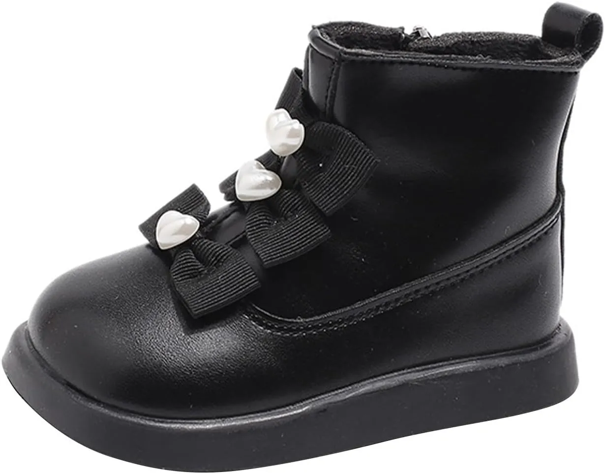 Fashion Bowtie Ankle Boots for Toddler Girls PU Leather Water Proof School Shoes Chestnut Boots for Toddler