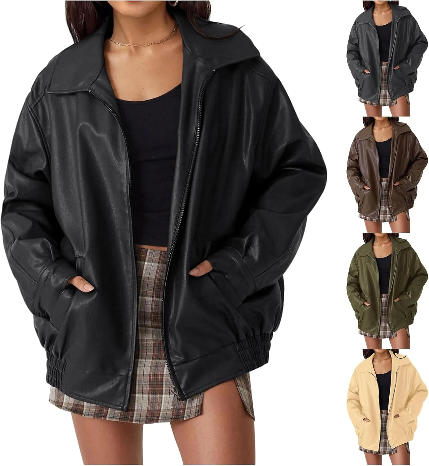 Faux Leather Jacket for Women Oversized Zipper Long Sleeve Motorcycle Bomber Jackets Moto Biker Coat Winter Outfits