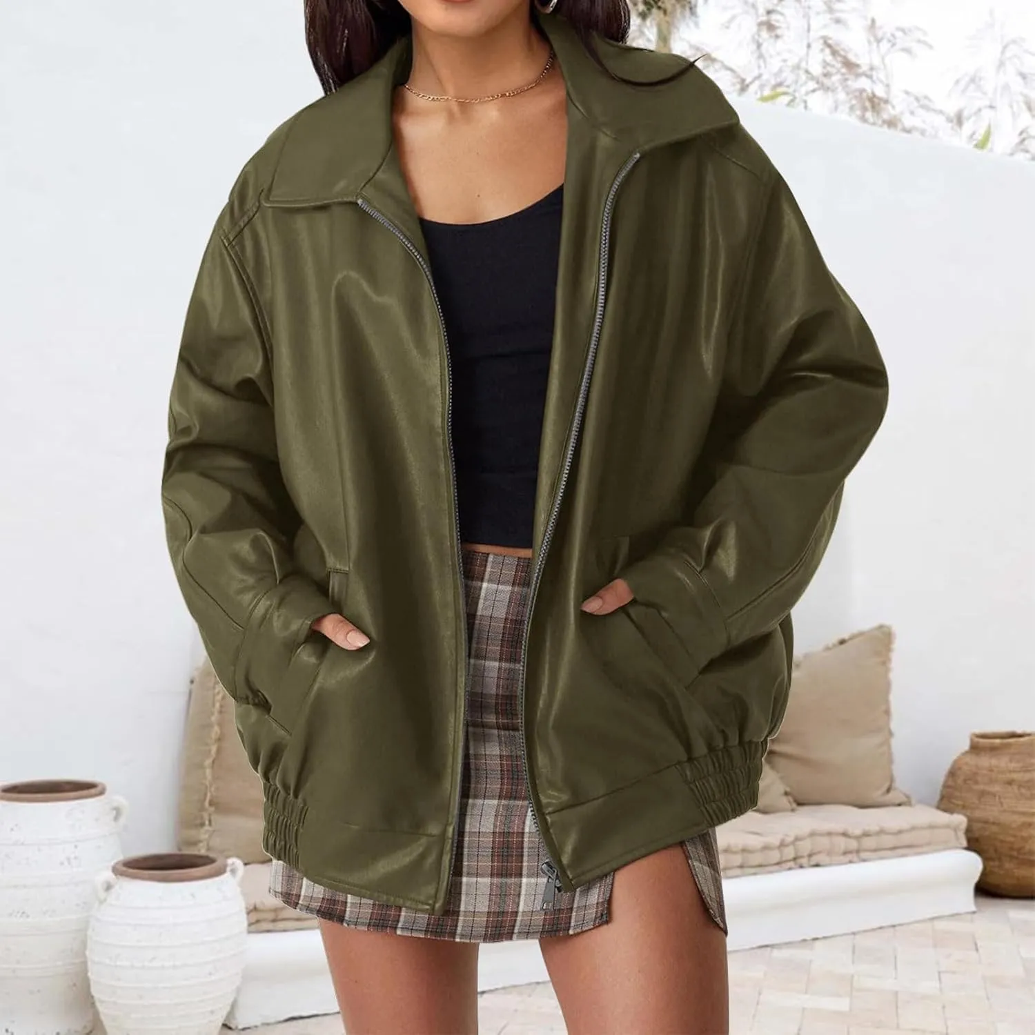 Faux Leather Jacket for Women Oversized Zipper Long Sleeve Motorcycle Bomber Jackets Moto Biker Coat Winter Outfits
