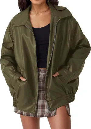 Faux Leather Jacket for Women Oversized Zipper Long Sleeve Motorcycle Bomber Jackets Moto Biker Coat Winter Outfits